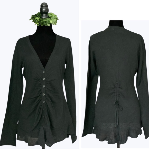 Anthropologie Black Button Trail Wool Blend Gathered Front Cardigan Ruffle SZ M - Picture 1 of 16